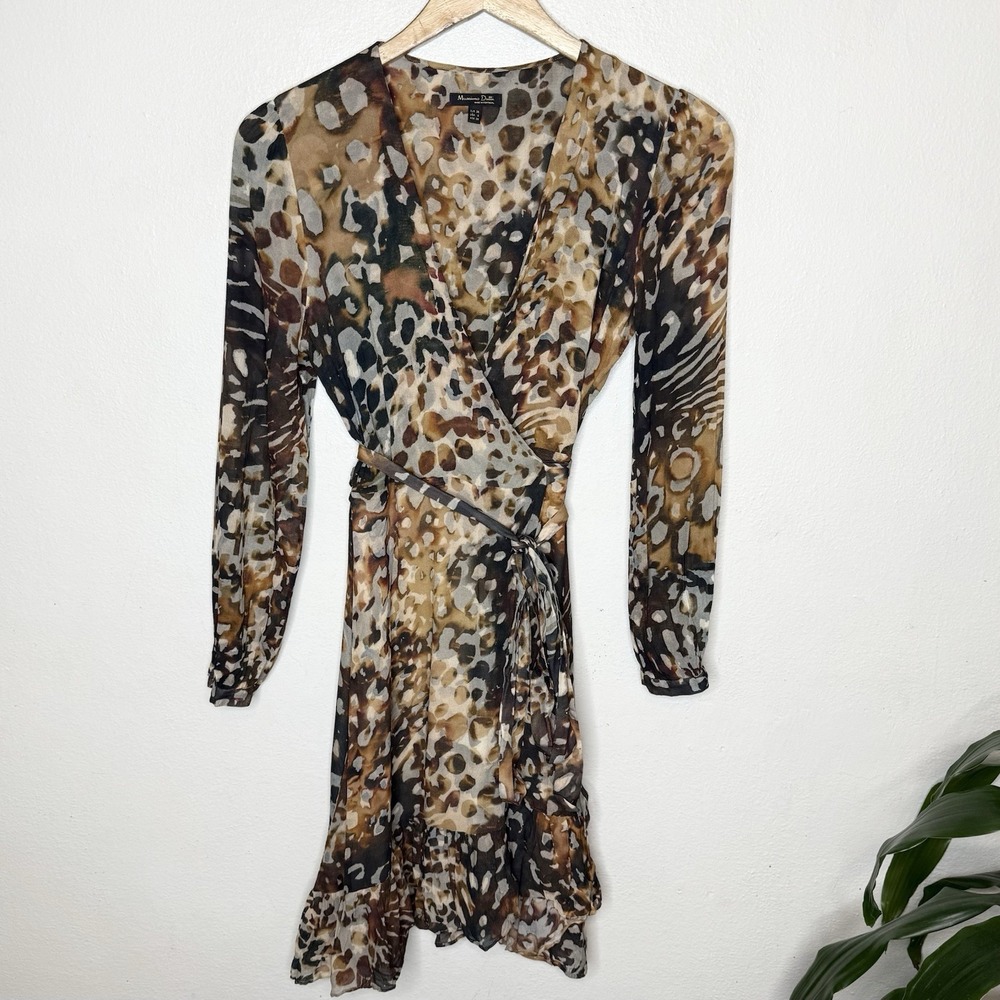 Massimo Dutti Animal Print Brown Leopard Long Sleeve Wrap Dress Women's US 6